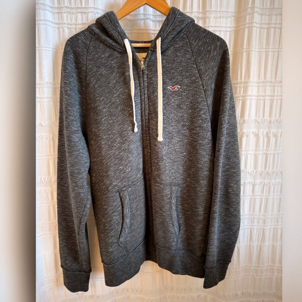 Men's Zip-Up Hollister Hoodie - Large - Heather Grey